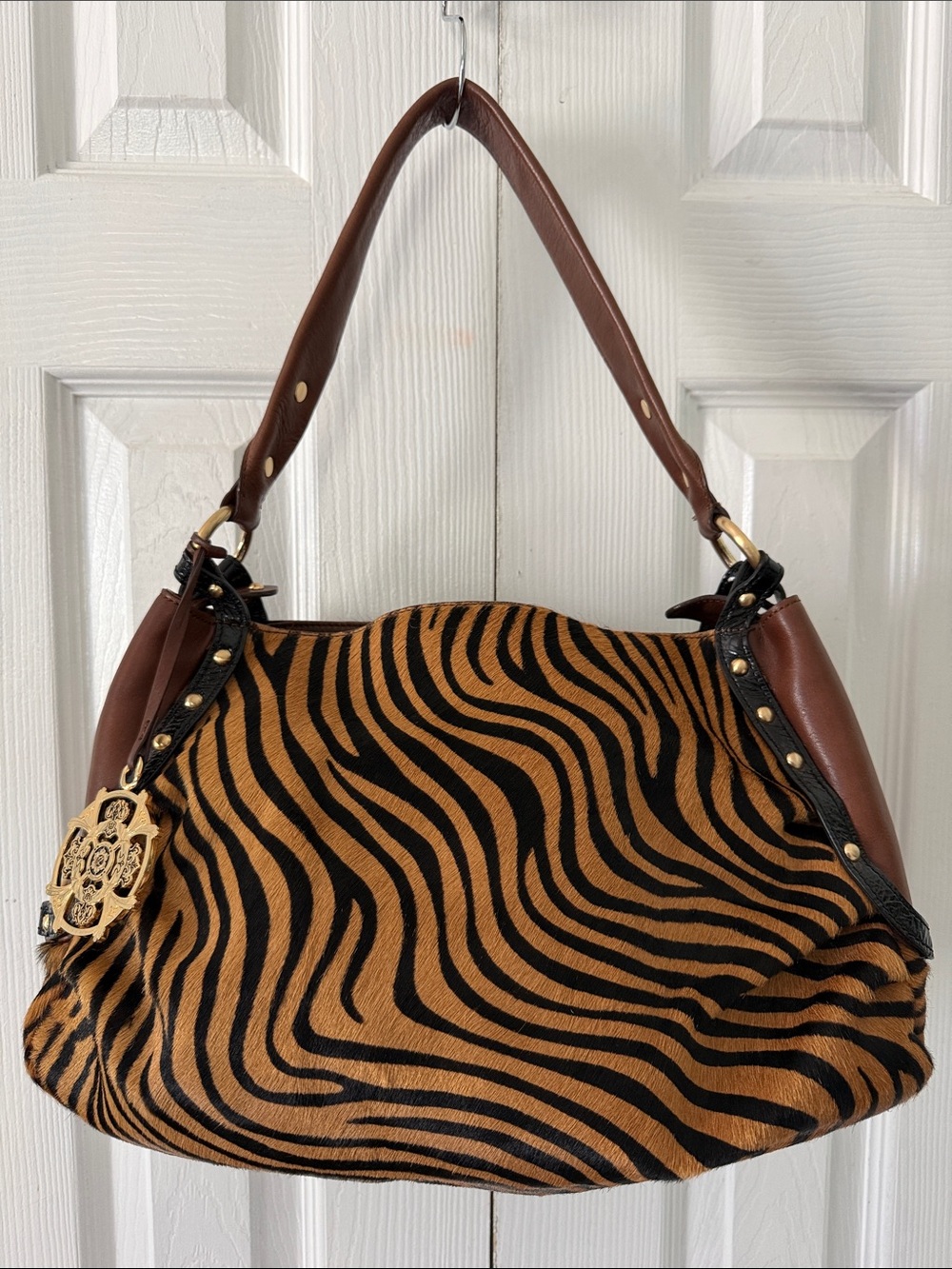Kate Landry Colection Animal Print Stripe Shoulder Bag in Brown and Black